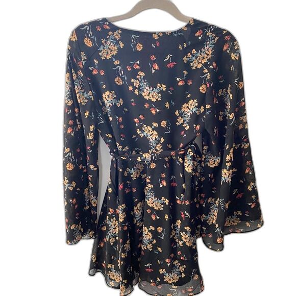 Free People Lilou Dress Small Black Floral Flowy Wrap Belted Mini Boho Fairycore - Picture 7 of 12